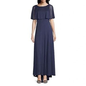 J. Taylor Navy Blue shimmering Evening Dress long gown‎ chiffon cape Sz 4